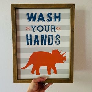 11 x 14 Bathroom Sign “Wash Your Hands” | Wood Frame | Dinosaur Print